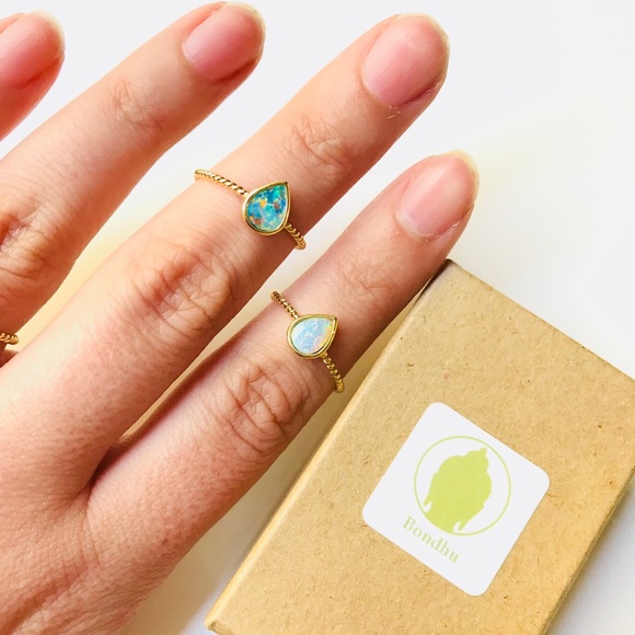 Dainty Opal Teardrop Gold Twisted Stackable Ring - Picture 2 of 4